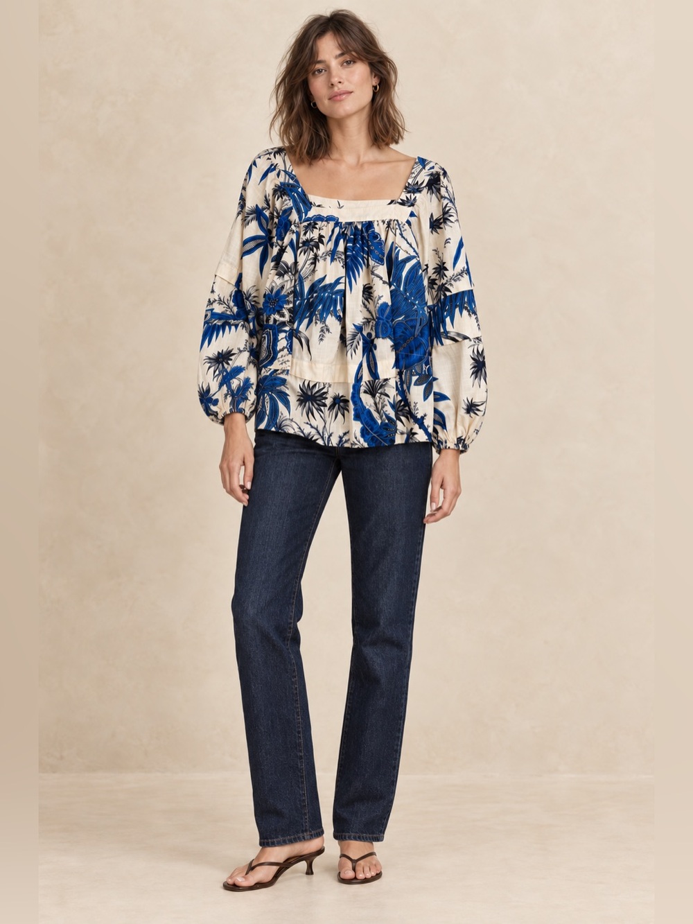 Banana Republic Cotton Square Neck Botanical Balloon Sleeve Blouse M